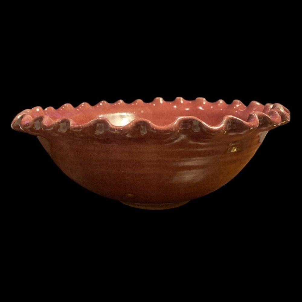 Vintage Bergundy Hand-Thrown-Signed-Pie Crust Design H-3.75 Inches W-10 1/2 inch